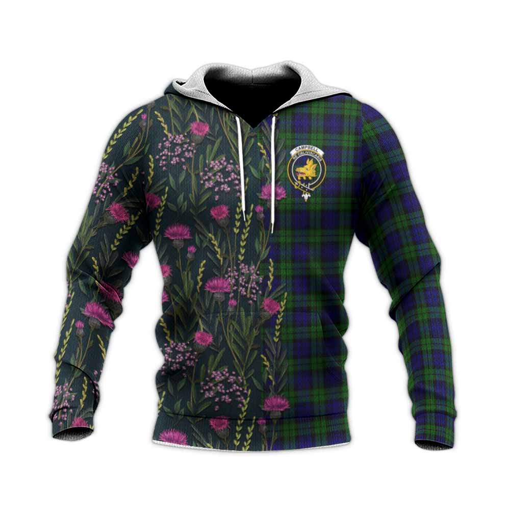 Campbell Family Crest Tartan Knitted Hoodie Scottish Thistle Flower Pattern Half Style - Tartan Vibes Clothing