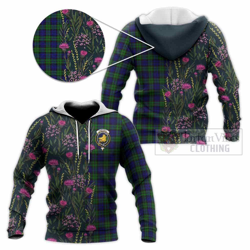 Campbell Family Crest Tartan Knitted Hoodie Scottish Thistle Flower Pattern Half Style - Tartan Vibes Clothing