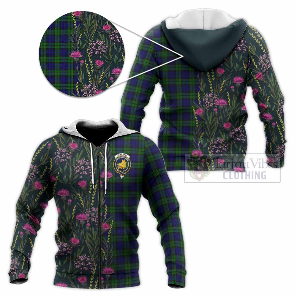 Campbell Family Crest Tartan Knitted Hoodie Scottish Thistle Flower Pattern Half Style - Tartan Vibes Clothing