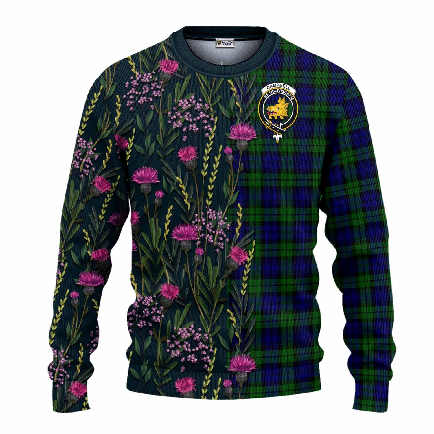 Campbell Family Crest Tartan Knitted Sweater Scottish Thistle Flower Pattern Half Style - Tartan Vibes Clothing