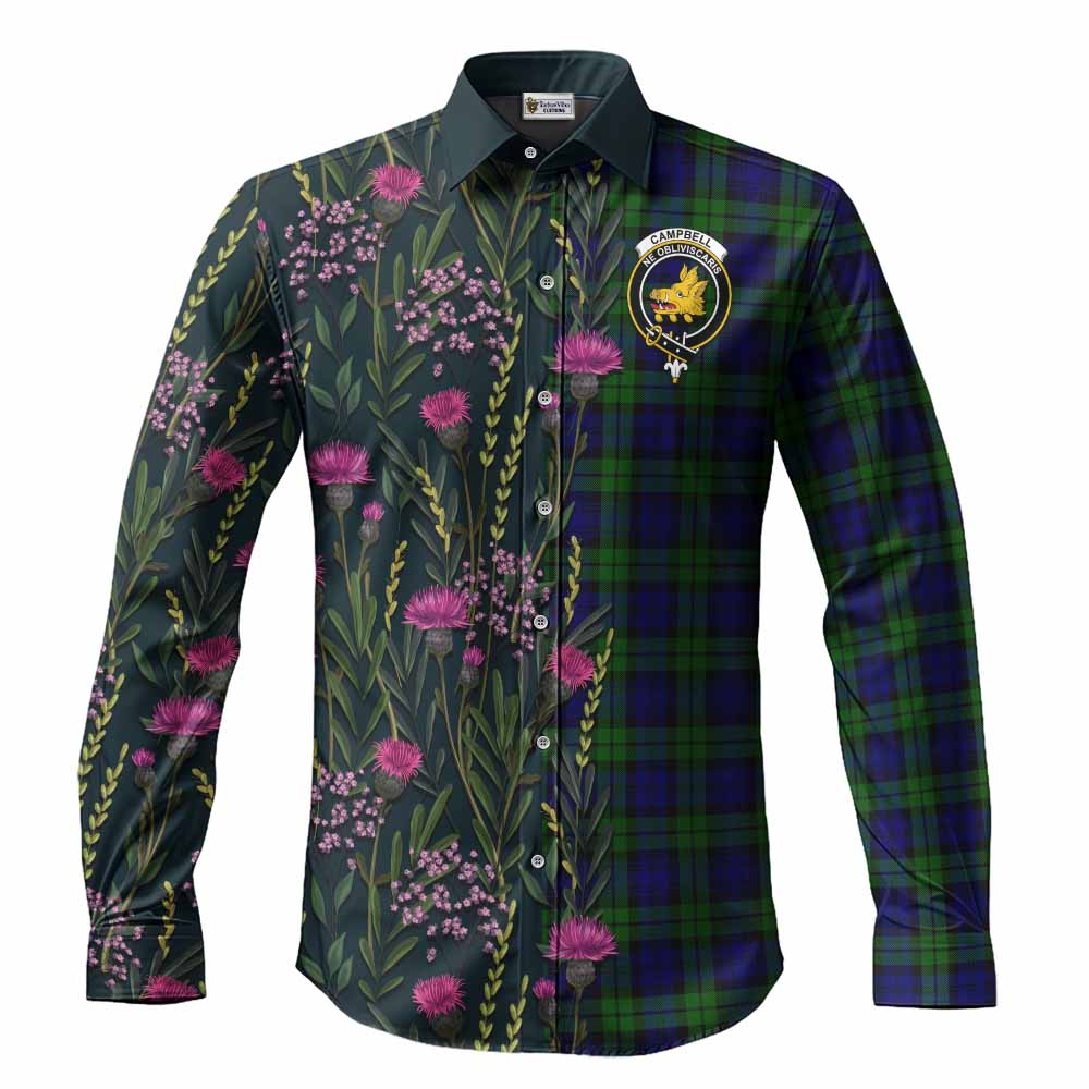 Campbell Family Crest Tartan Long Sleeve Button Shirts Scottish Thistle Flower Pattern Half Style - Tartan Vibes Clothing