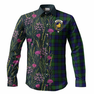 Campbell Family Crest Tartan Long Sleeve Button Shirts Scottish Thistle Flower Pattern Half Style