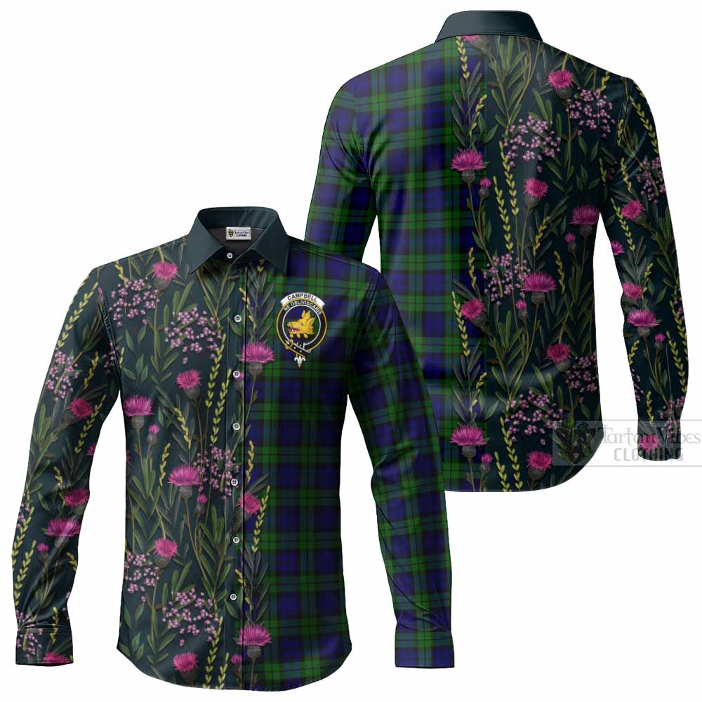 Campbell Family Crest Tartan Long Sleeve Button Shirts Scottish Thistle Flower Pattern Half Style - Tartan Vibes Clothing