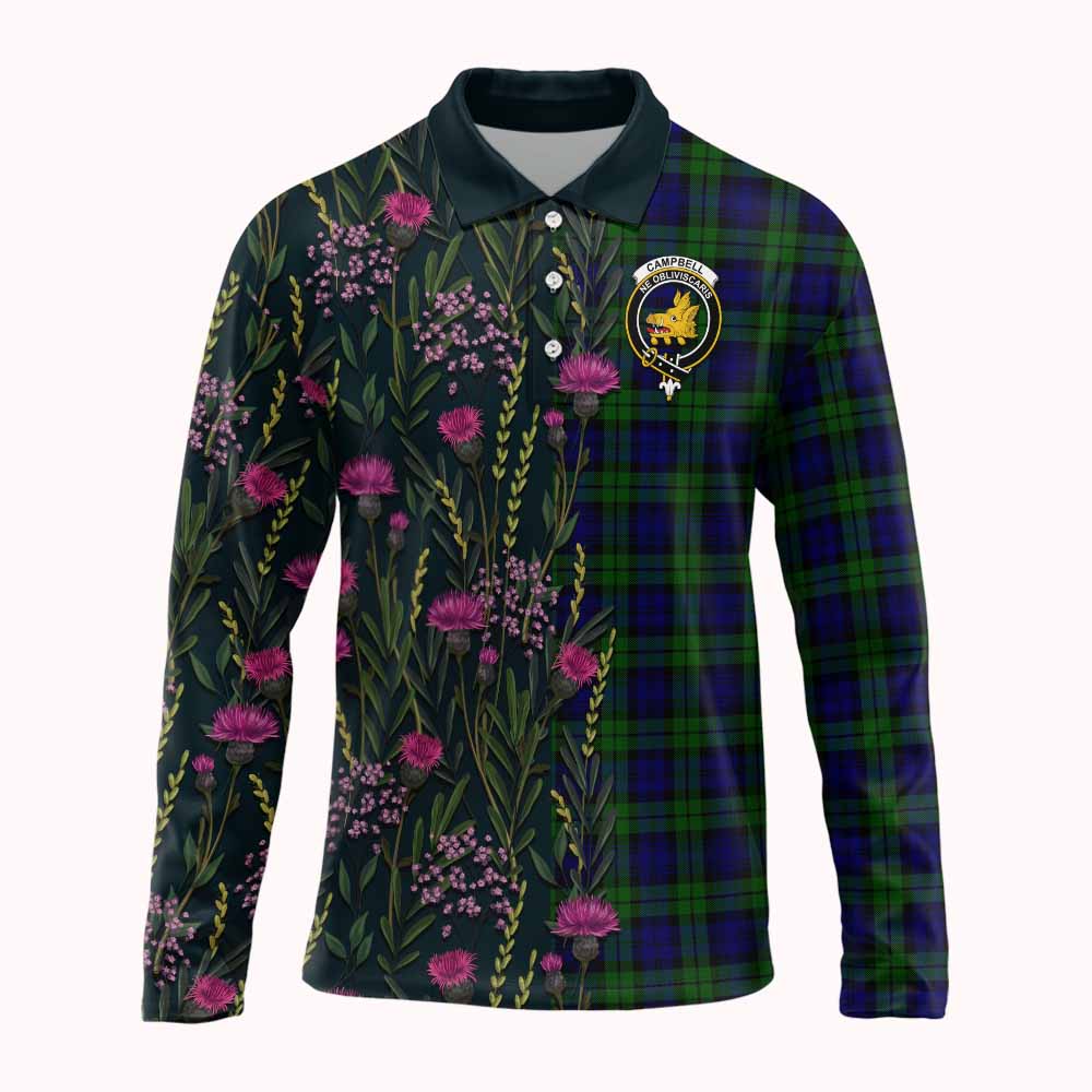 Campbell Family Crest Tartan Long Sleeve Polo Shirt Scottish Thistle Flower Pattern Half Style - Tartan Vibes Clothing