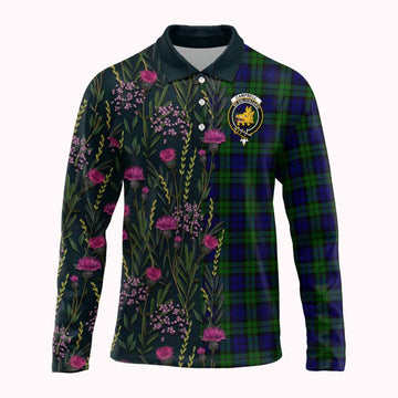 Campbell Family Crest Tartan Long Sleeve Polo Shirt Scottish Thistle Flower Pattern Half Style