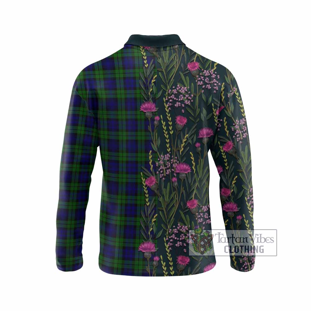 Campbell Family Crest Tartan Long Sleeve Polo Shirt Scottish Thistle Flower Pattern Half Style - Tartan Vibes Clothing