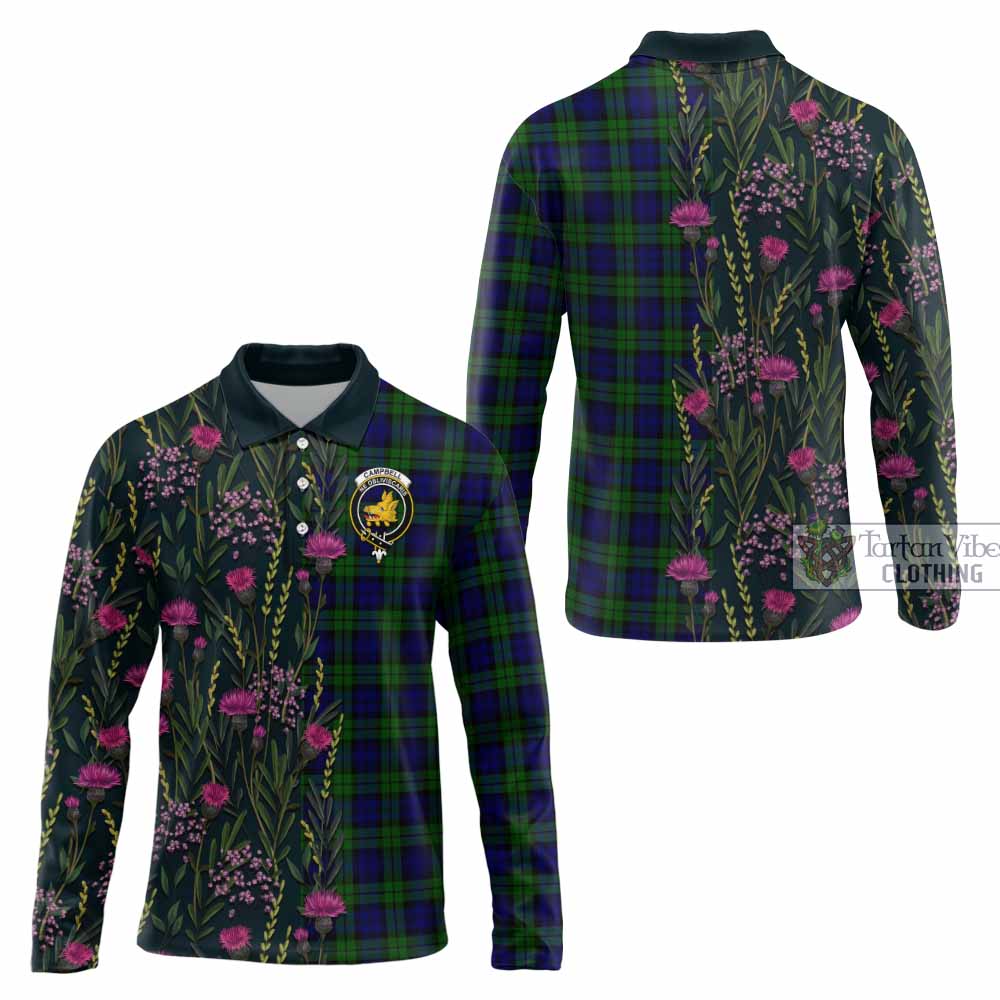 Campbell Family Crest Tartan Long Sleeve Polo Shirt Scottish Thistle Flower Pattern Half Style - Tartan Vibes Clothing