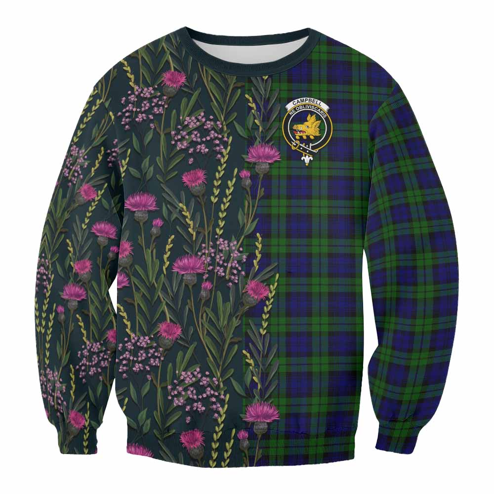 Campbell Family Crest Tartan Sweatshirt Scottish Thistle Flower Pattern Half Style - Tartan Vibes Clothing