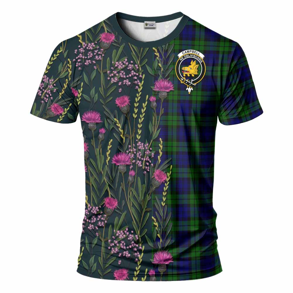 Campbell Family Crest Tartan T-Shirt Scottish Thistle Flower Pattern Half Style - Tartan Vibes Clothing