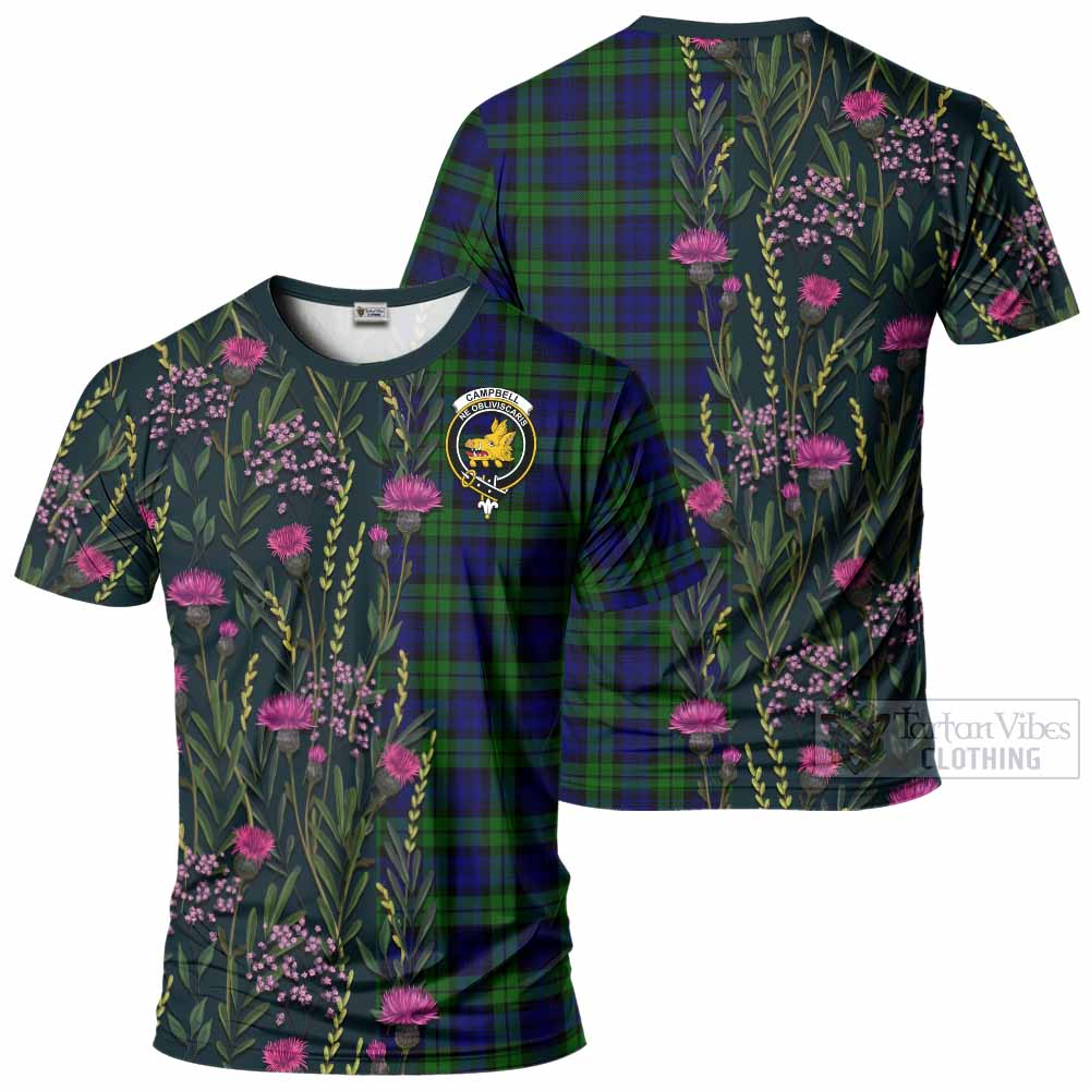 Campbell Family Crest Tartan T-Shirt Scottish Thistle Flower Pattern Half Style - Tartan Vibes Clothing