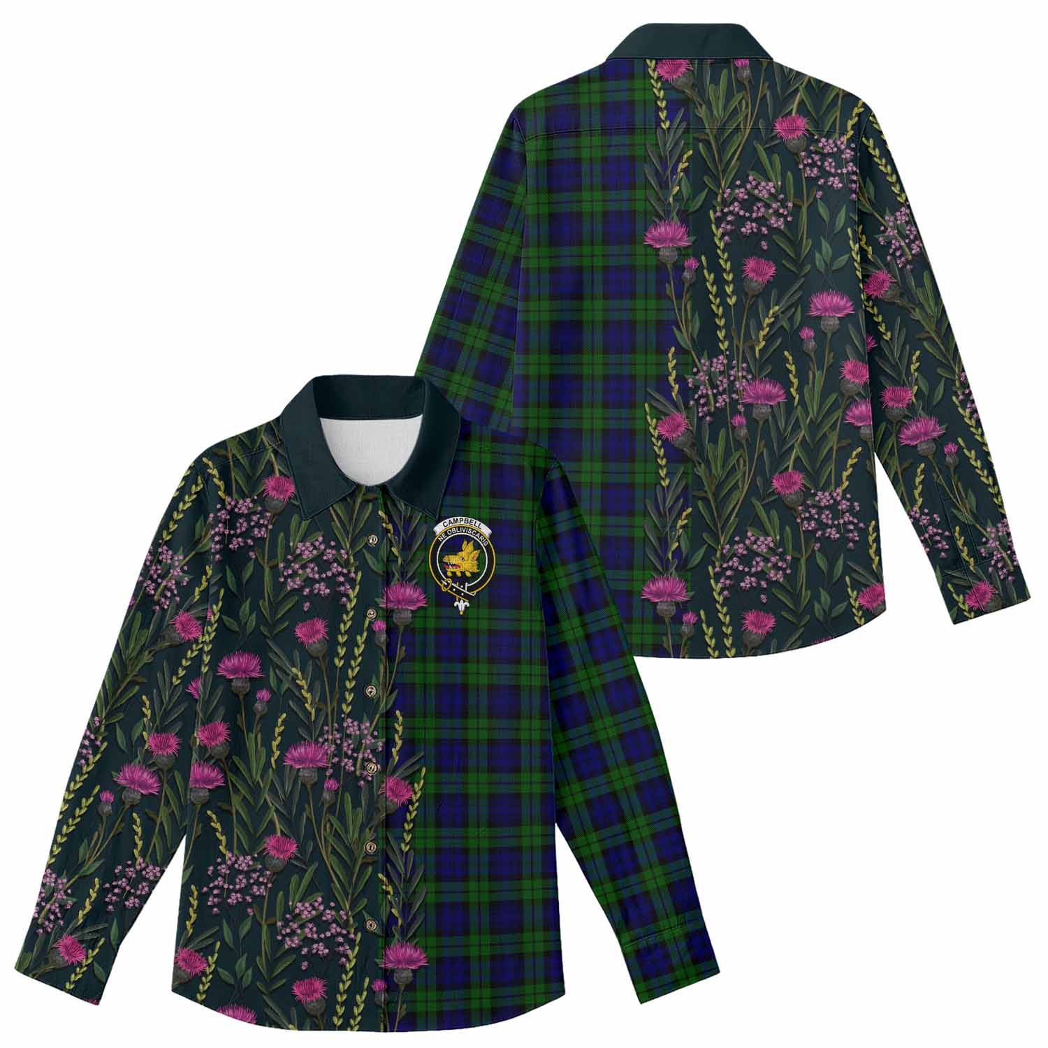Campbell Family Crest Tartan Women Casual Shirt Scottish Thistle Flower Pattern Half Style - Tartan Vibes Clothing