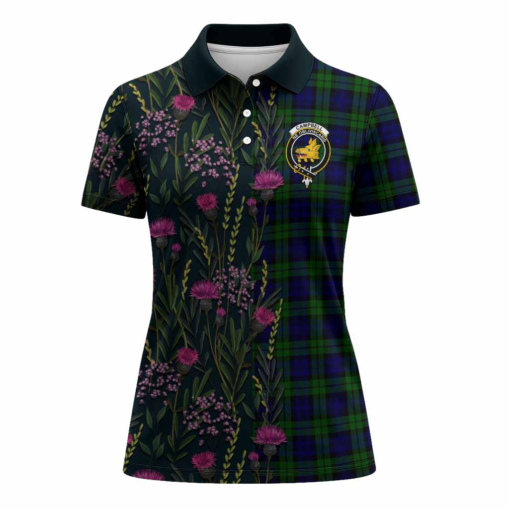 Campbell Family Crest Tartan Women Polo Shirt Scottish Thistle Flower Pattern Half Style - Tartan Vibes Clothing