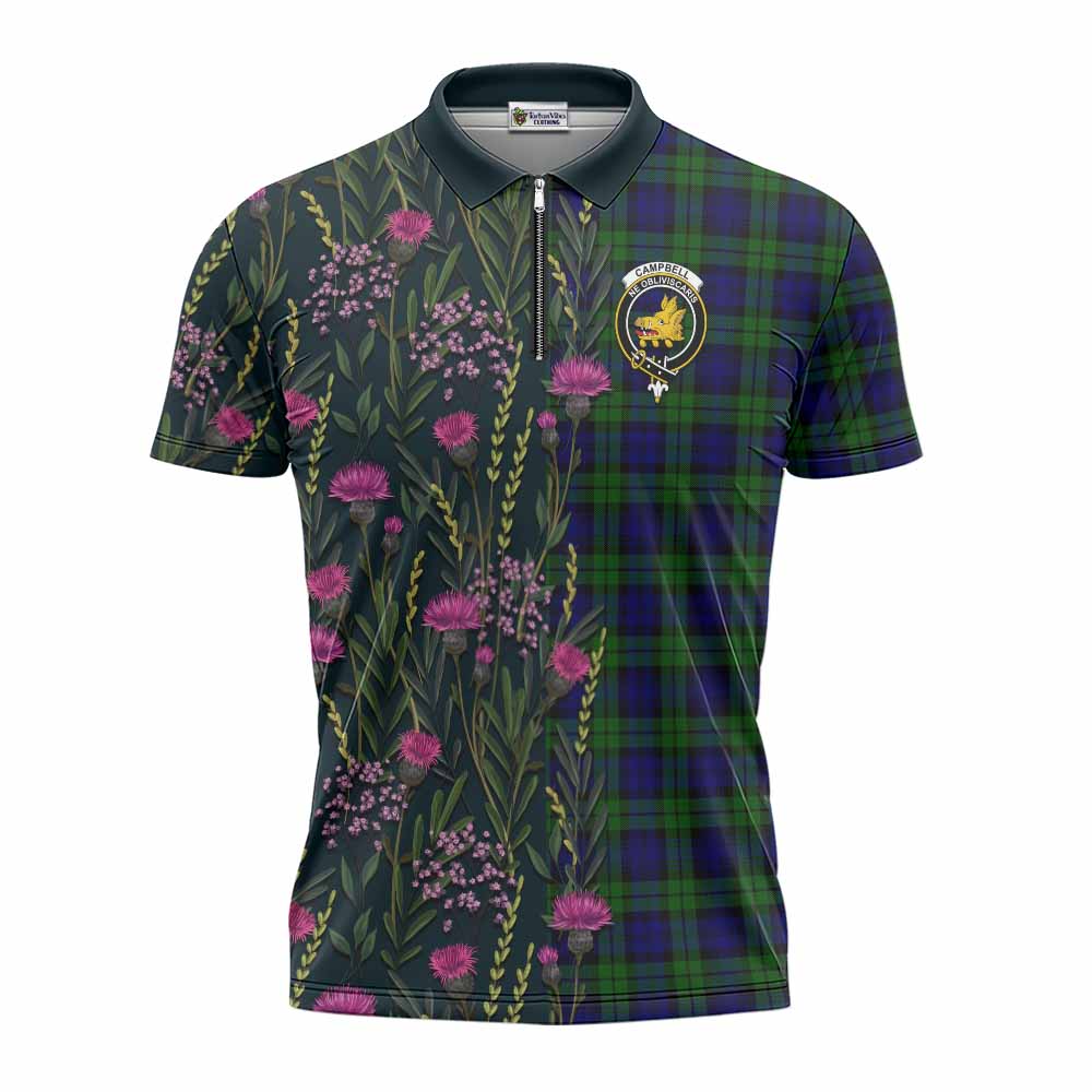 Campbell Family Crest Tartan Zipper Polo Shirt Scottish Thistle Flower Pattern Half Style - Tartan Vibes Clothing