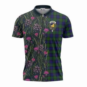 Campbell Family Crest Tartan Zipper Polo Shirt Scottish Thistle Flower Pattern Half Style