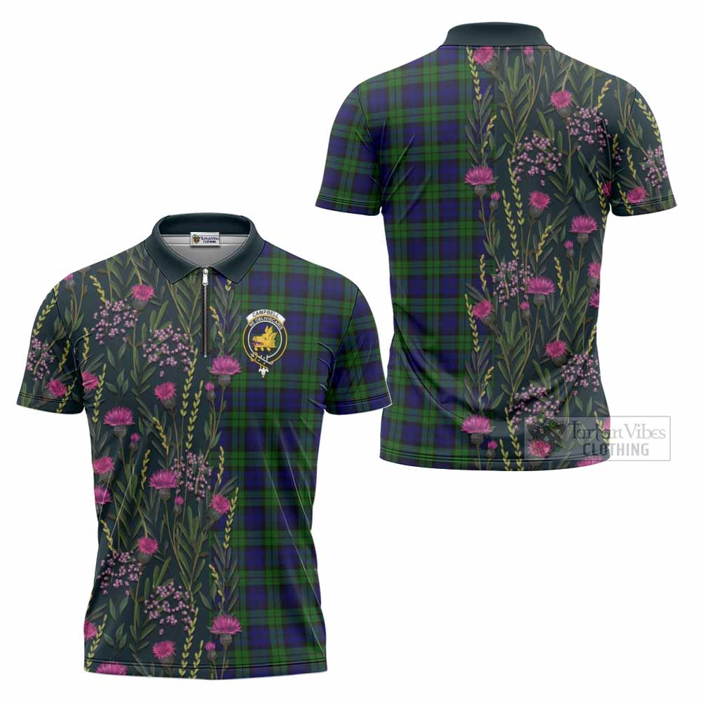 Campbell Family Crest Tartan Zipper Polo Shirt Scottish Thistle Flower Pattern Half Style - Tartan Vibes Clothing