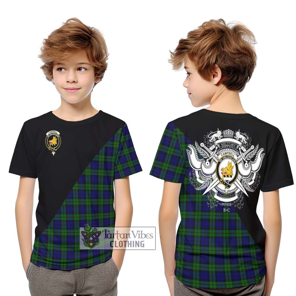 Campbell Tartan Kid T-Shirt with Family Crest and Military Logo Style Youth XL Size14 - Tartanvibesclothing Shop
