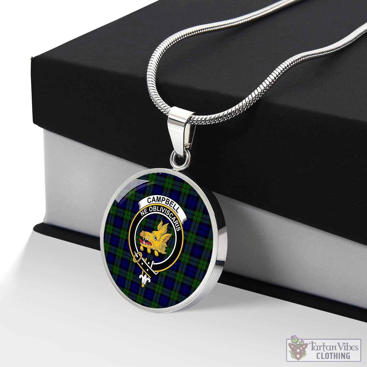 Campbell Tartan Circle Necklace with Family Crest Luxury Necklace (Silver) No - Tartan Vibes Clothing