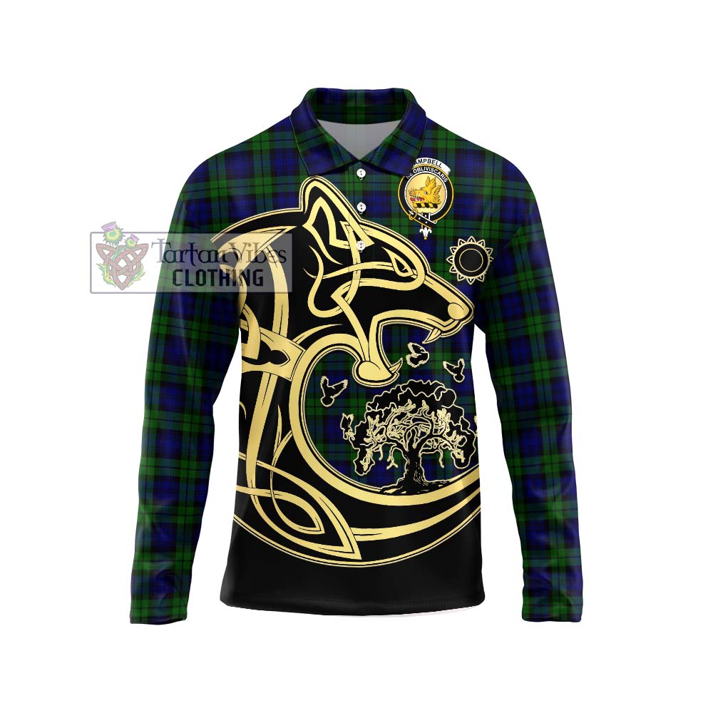 Campbell Tartan Long Sleeve Polo Shirt with Family Crest Celtic Wolf Style Unisex - Tartanvibesclothing Shop