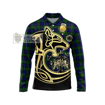 Campbell Tartan Long Sleeve Polo Shirt with Family Crest Celtic Wolf Style Unisex - Tartanvibesclothing Shop