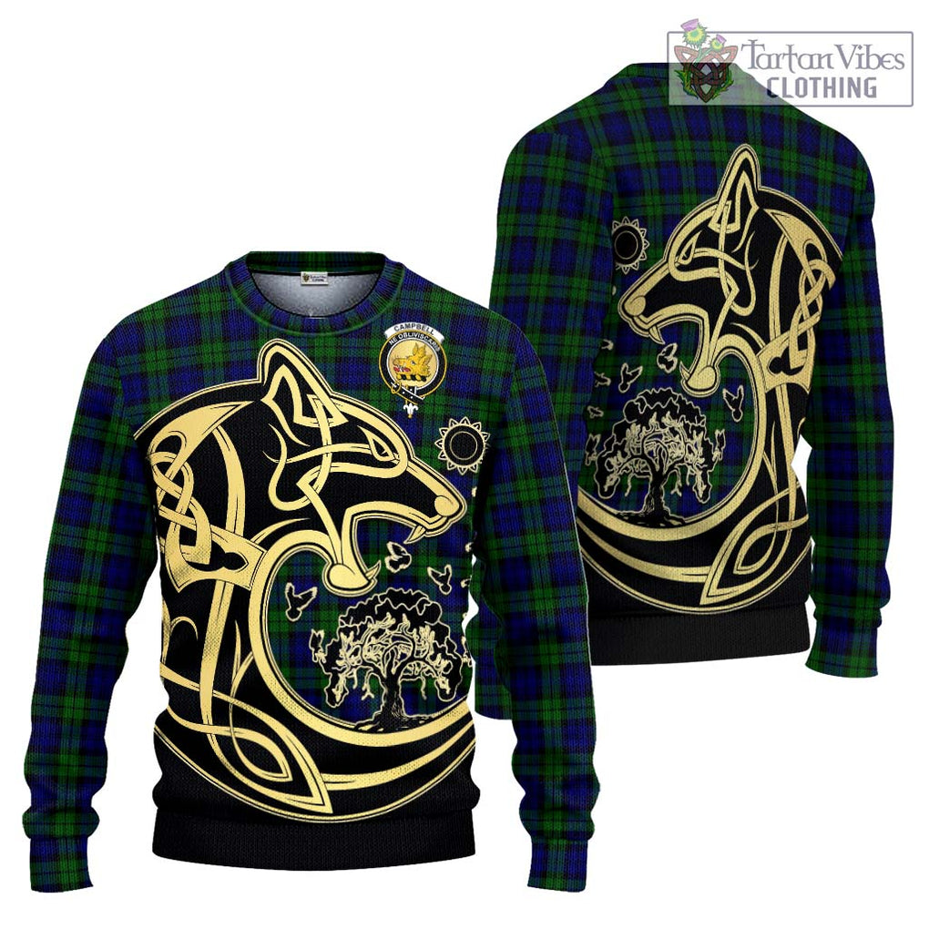 Campbell Tartan Knitted Sweater with Family Crest Celtic Wolf Style Unisex - Tartan Vibes Clothing