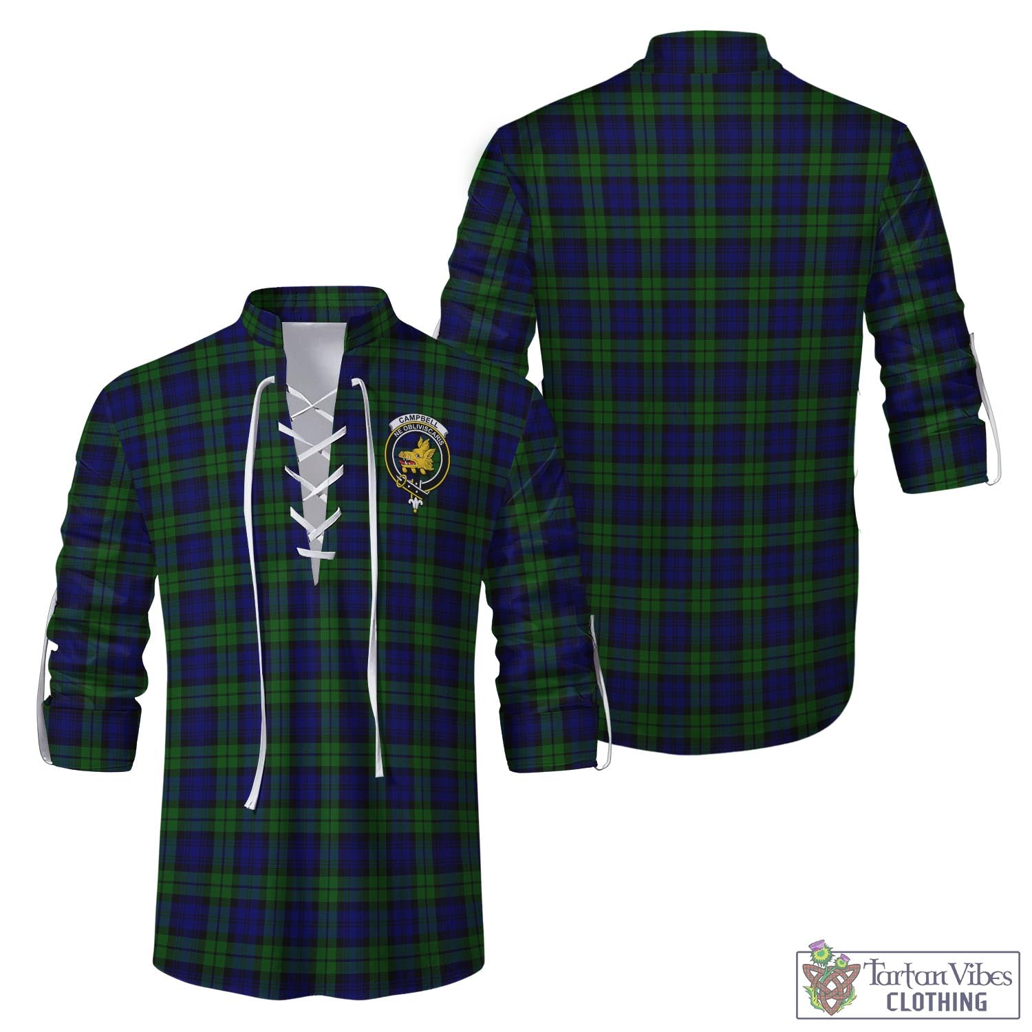 Tartan Vibes Clothing Campbell Modern Tartan Men's Scottish Traditional Jacobite Ghillie Kilt Shirt with Family Crest