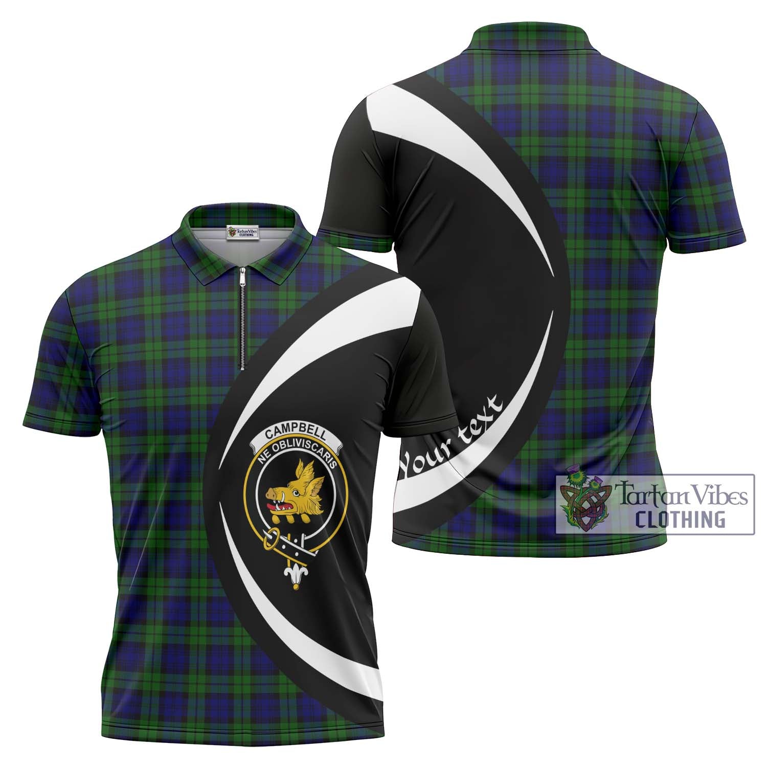 Campbell Tartan Zipper Polo Shirt with Family Crest Circle Style Unisex - Tartan Vibes Clothing