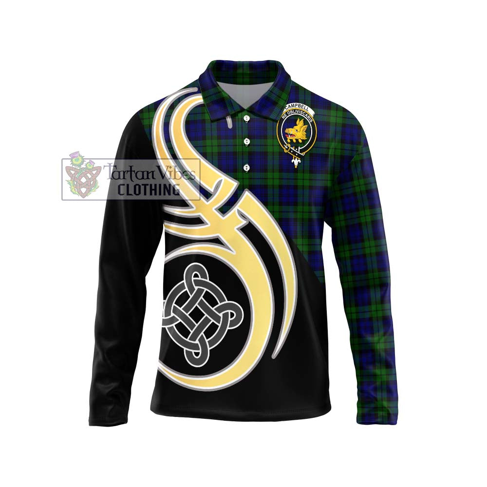 Campbell Tartan Long Sleeve Polo Shirt with Family Crest and Celtic Symbol Style Unisex - Tartan Vibes Clothing