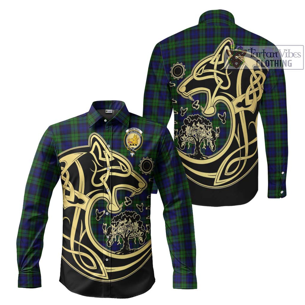 Campbell Tartan Long Sleeve Button Shirt with Family Crest Celtic Wolf Style Men's Shirt S - Tartan Vibes Clothing