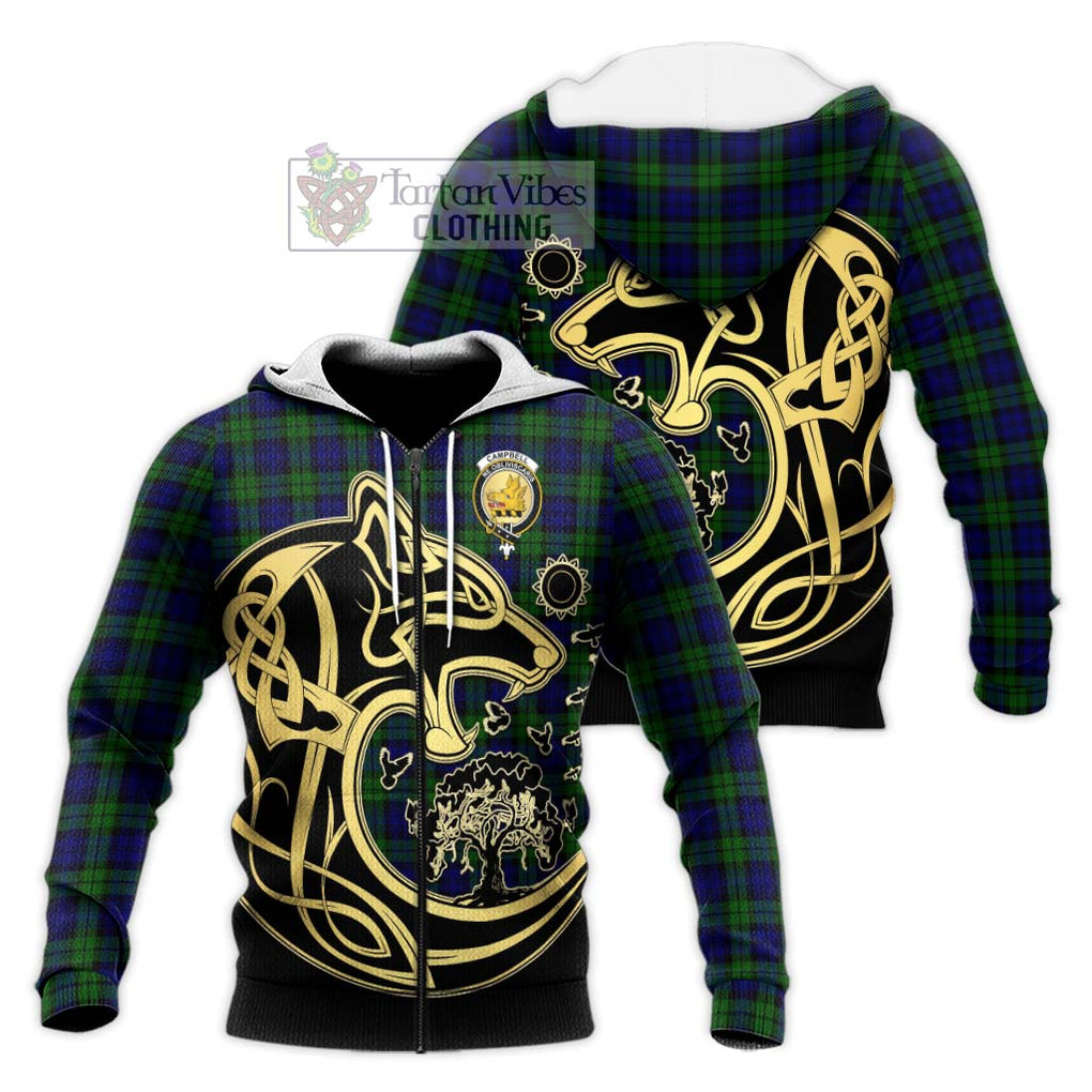 Campbell Tartan Knitted Hoodie with Family Crest Celtic Wolf Style Unisex Knitted Zip Hoodie - Tartan Vibes Clothing