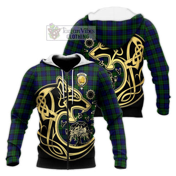 Campbell Tartan Knitted Hoodie with Family Crest Celtic Wolf Style