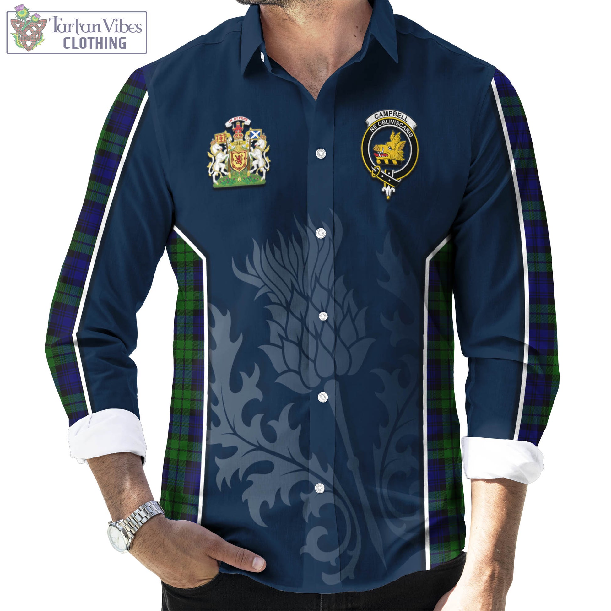 Tartan Vibes Clothing Campbell Modern Tartan Long Sleeve Button Up Shirt with Family Crest and Scottish Thistle Vibes Sport Style