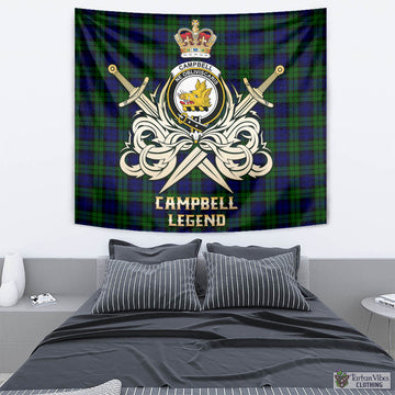 Campbell Tartan Tapestry with Clan Crest and the Golden Sword of Courageous Legacy