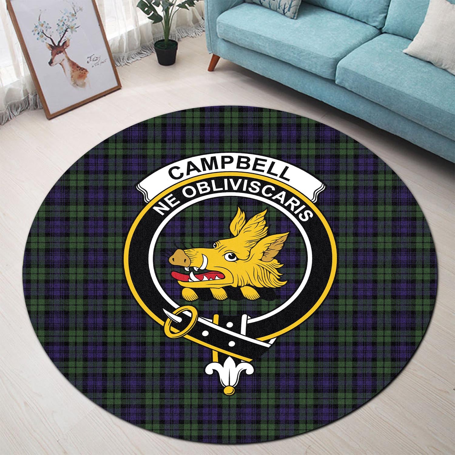 Campbell Modern Tartan Round Rug with Family Crest - Tartanvibesclothing
