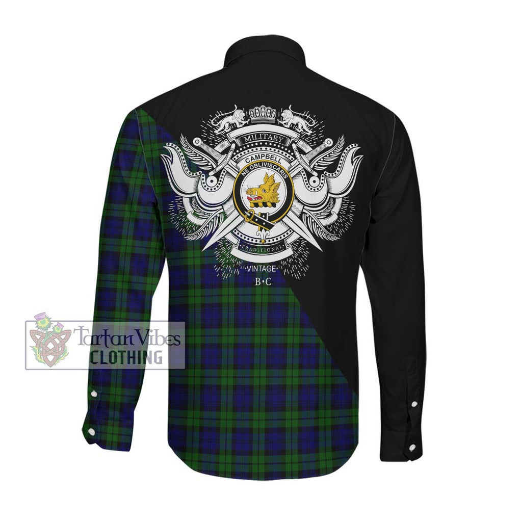 Campbell Tartan Long Sleeve Button Shirt with Family Crest and Military Logo Style Men's Shirt - Tartanvibesclothing Shop