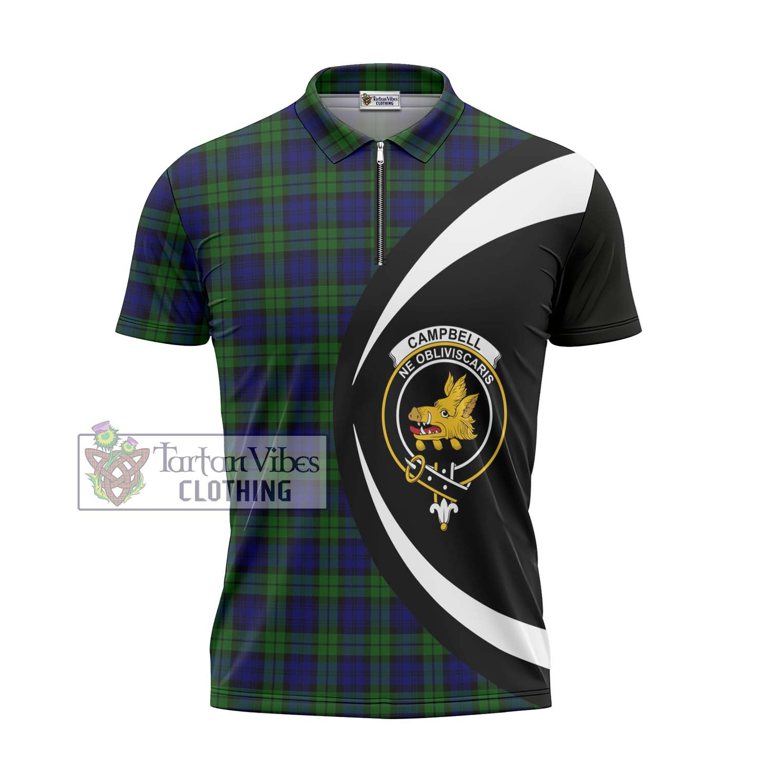 Campbell Tartan Zipper Polo Shirt with Family Crest Circle Style - Tartan Vibes Clothing