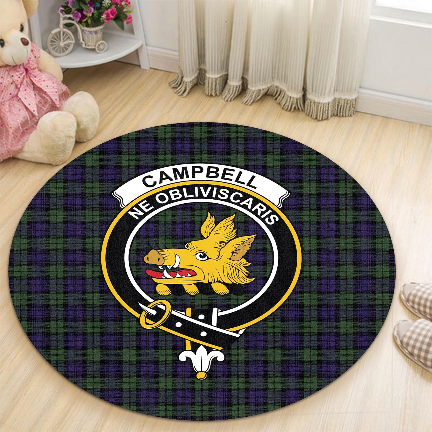 Campbell Modern Tartan Round Rug with Family Crest - Tartanvibesclothing