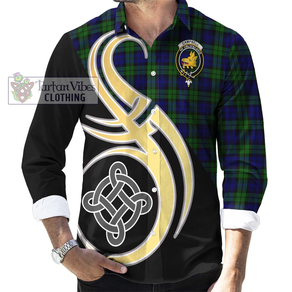 Campbell Tartan Long Sleeve Button Shirt with Family Crest and Celtic Symbol Style - Tartan Vibes Clothing