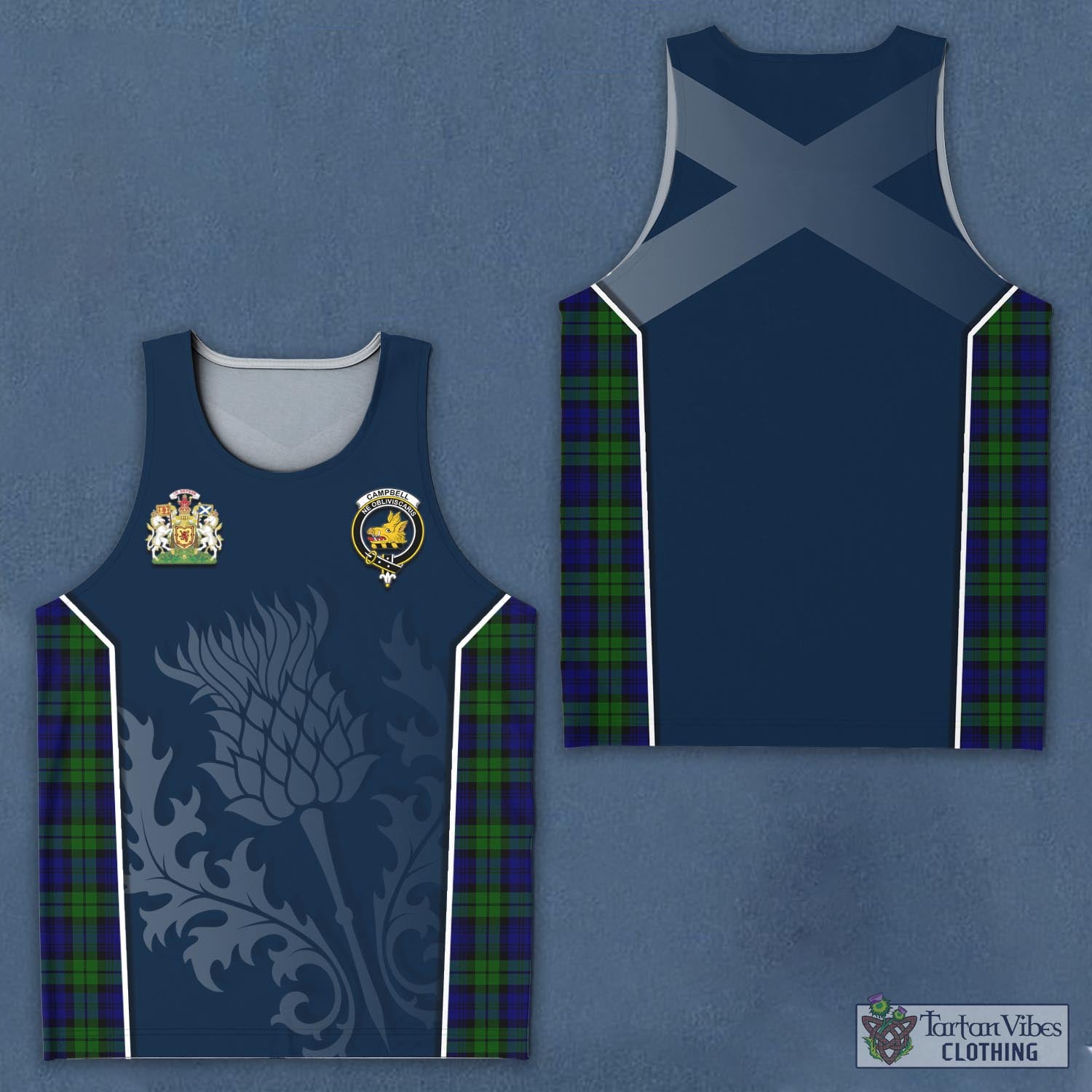 Tartan Vibes Clothing Campbell Modern Tartan Men's Tanks Top with Family Crest and Scottish Thistle Vibes Sport Style