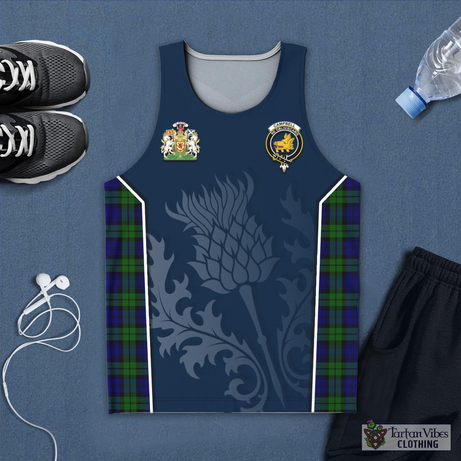 Tartan Vibes Clothing Campbell Modern Tartan Men's Tanks Top with Family Crest and Scottish Thistle Vibes Sport Style