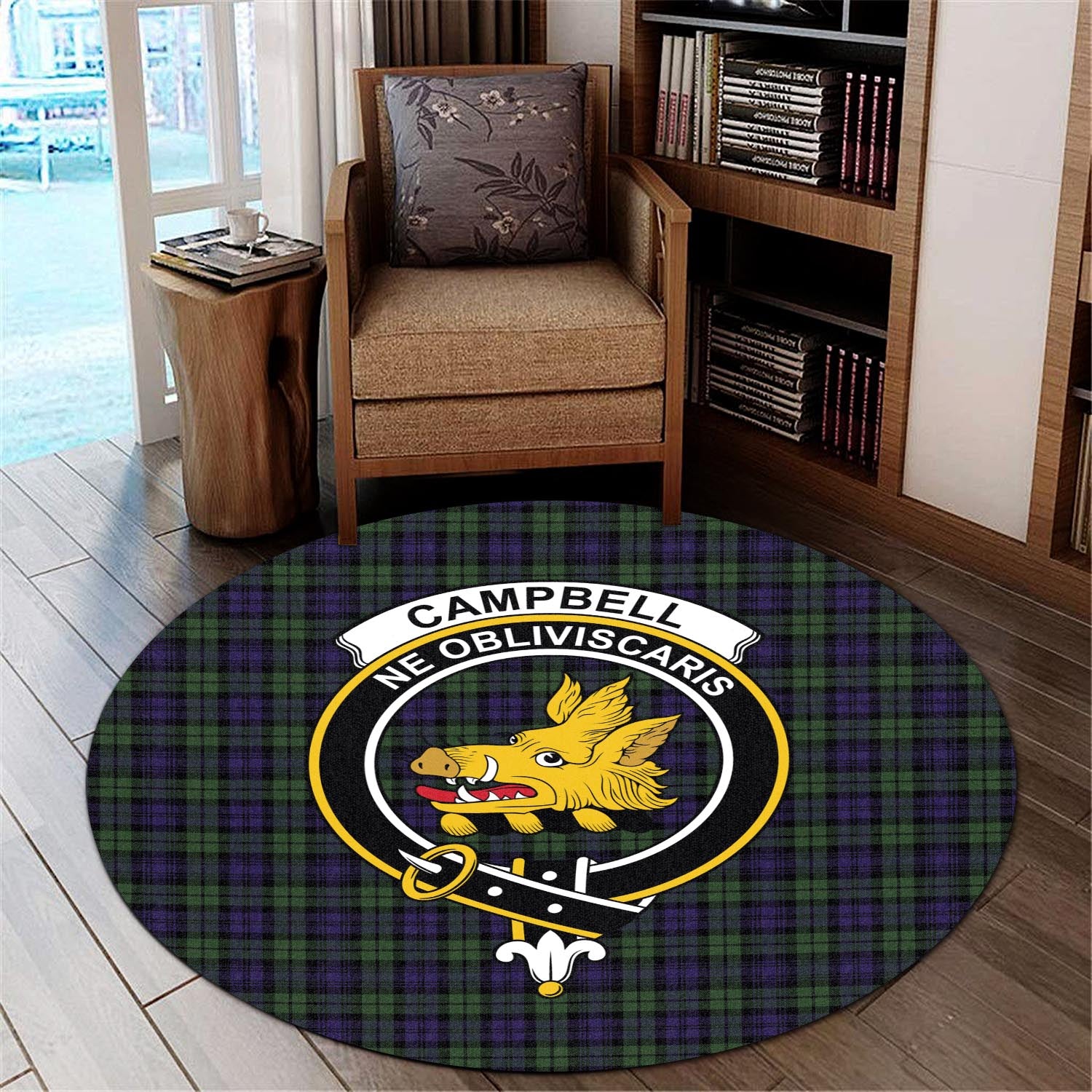 Campbell Modern Tartan Round Rug with Family Crest - Tartanvibesclothing