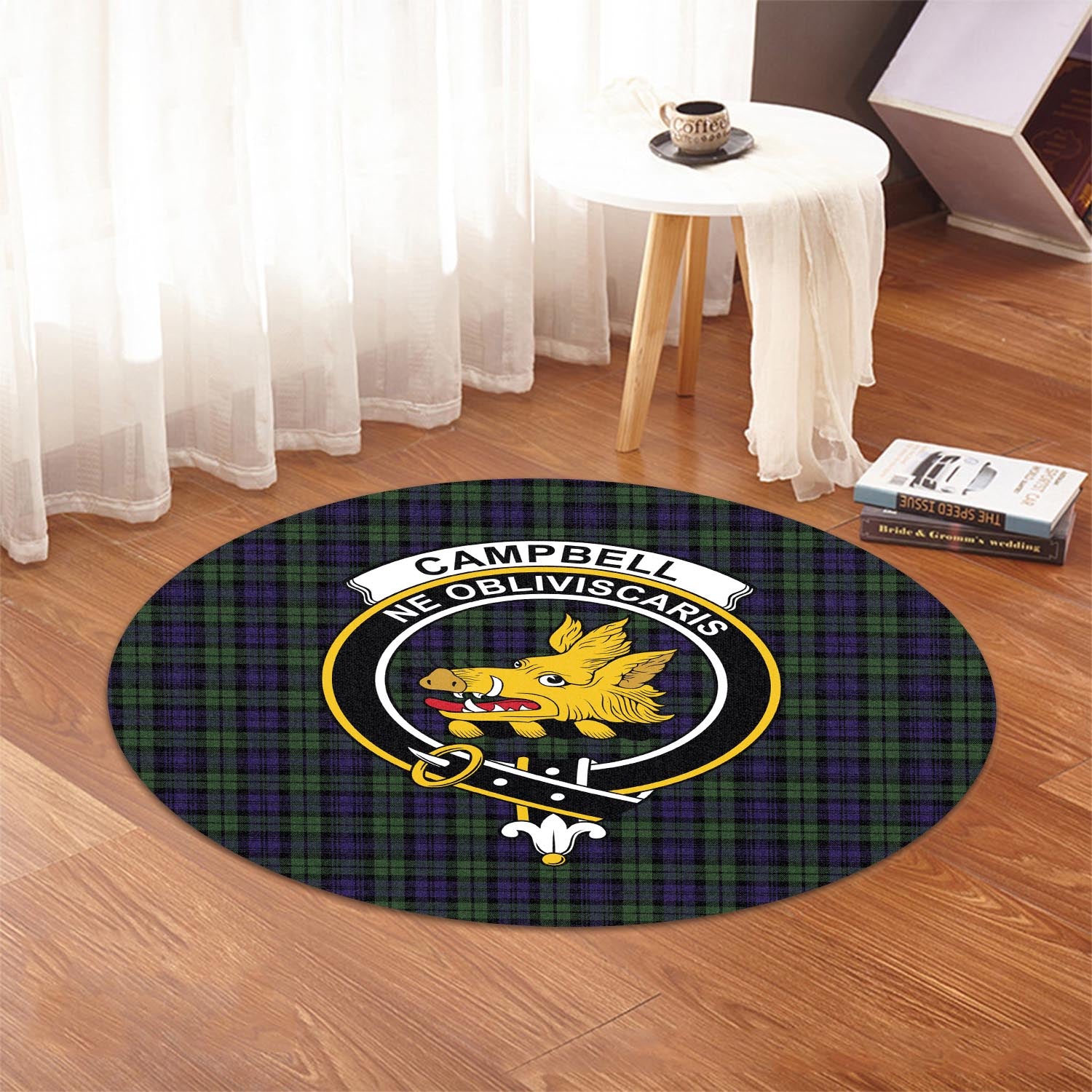 Campbell Modern Tartan Round Rug with Family Crest - Tartanvibesclothing