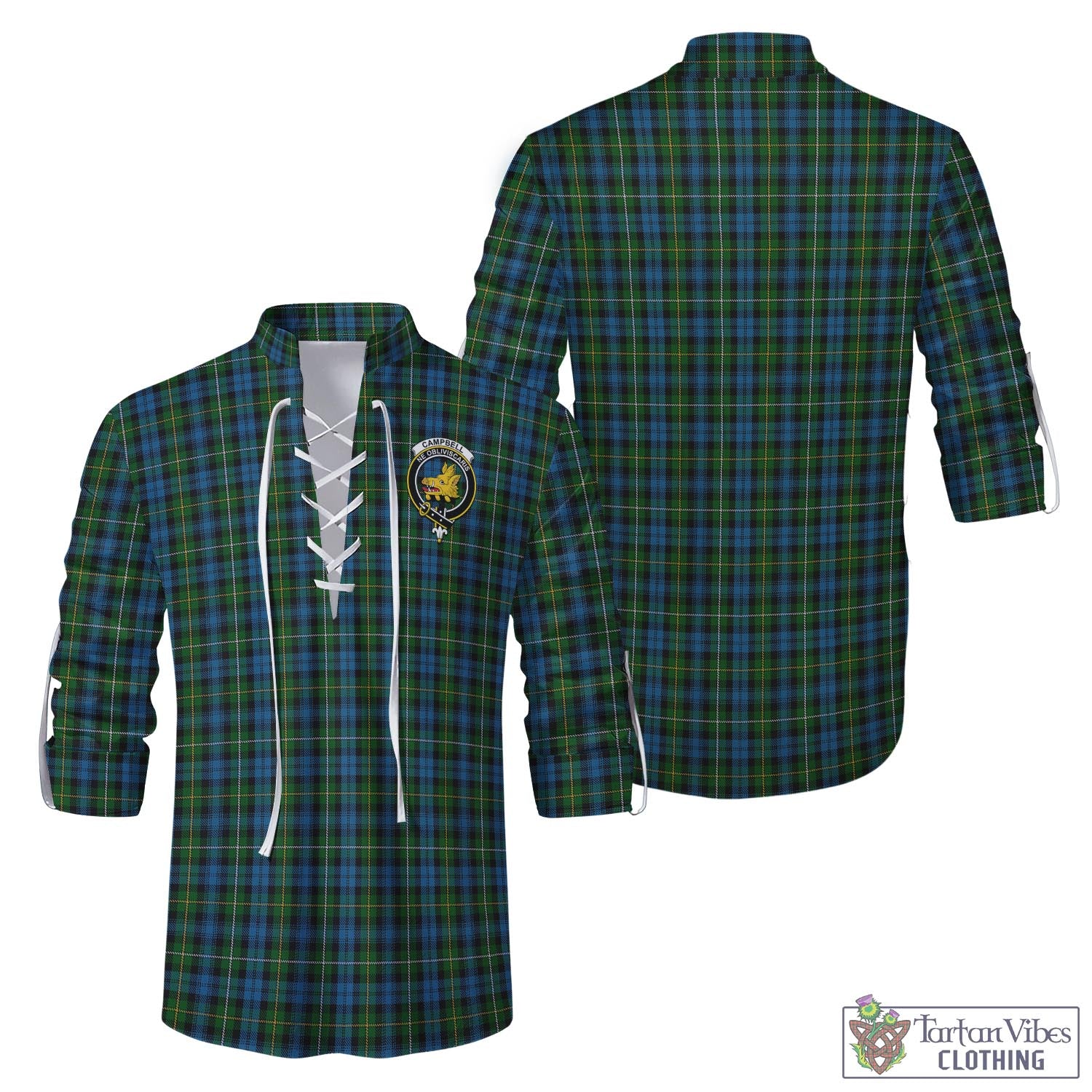 Tartan Vibes Clothing Campbell of Argyll #02 Tartan Men's Scottish Traditional Jacobite Ghillie Kilt Shirt with Family Crest