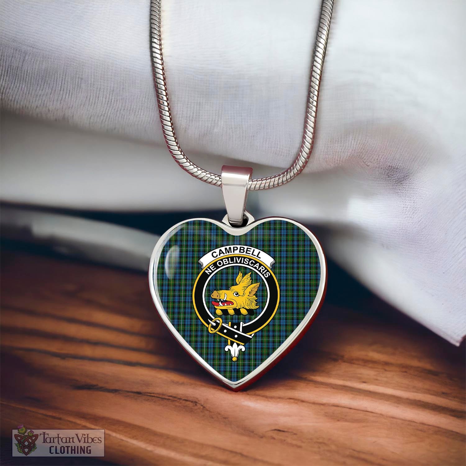 Tartan Vibes Clothing Campbell of Argyll #02 Tartan Heart Necklace with Family Crest