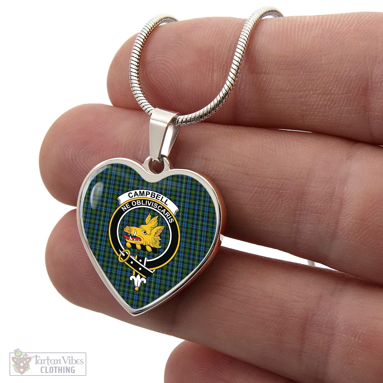 Tartan Vibes Clothing Campbell of Argyll #02 Tartan Heart Necklace with Family Crest