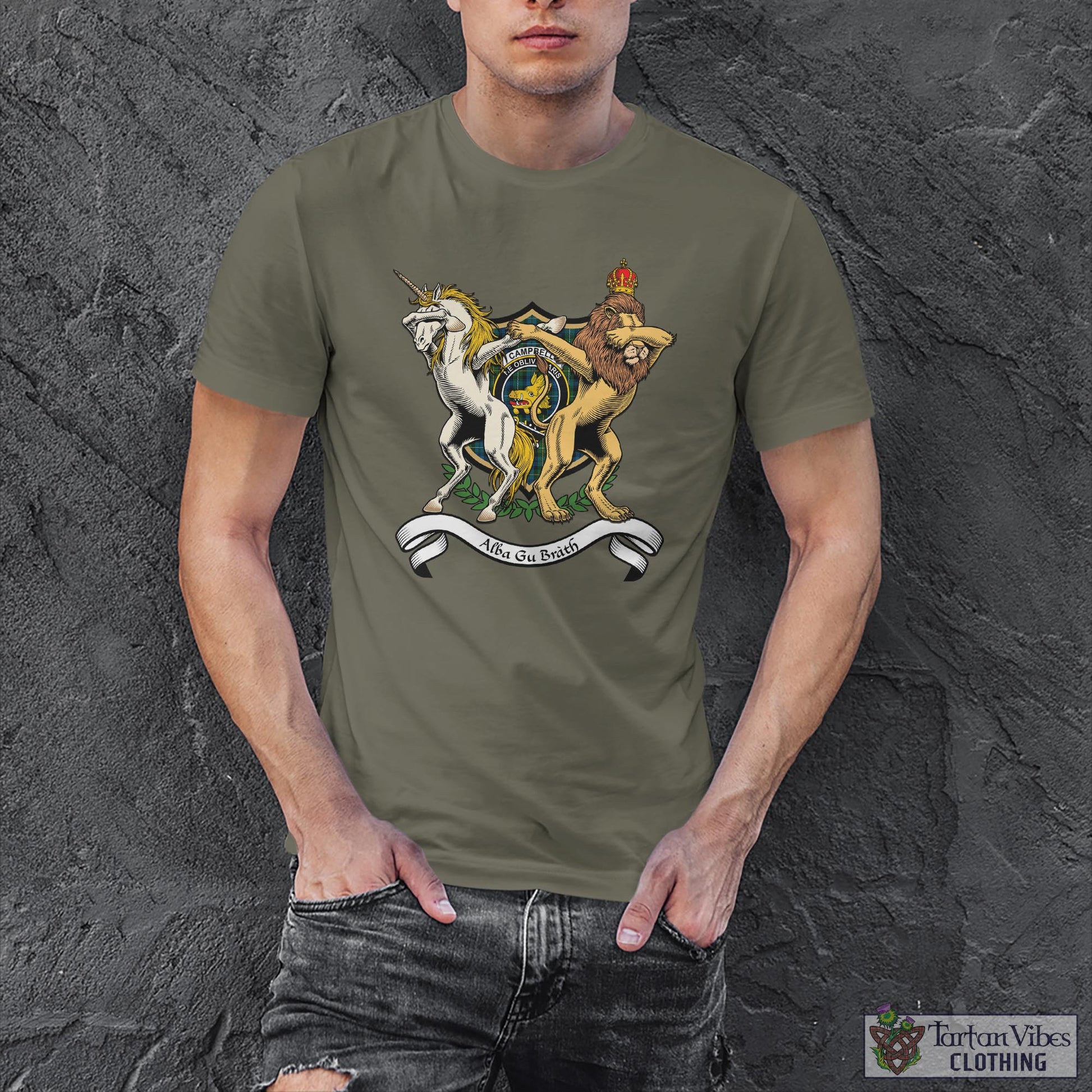 Tartan Vibes Clothing Campbell of Argyll #02 Family Crest Cotton Men's T-Shirt with Scotland Royal Coat Of Arm Funny Style