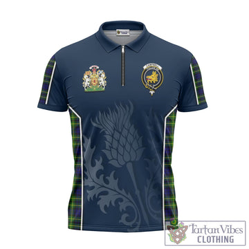 Campbell of Breadalbane Modern Tartan Zipper Polo Shirt with Family Crest and Scottish Thistle Vibes Sport Style