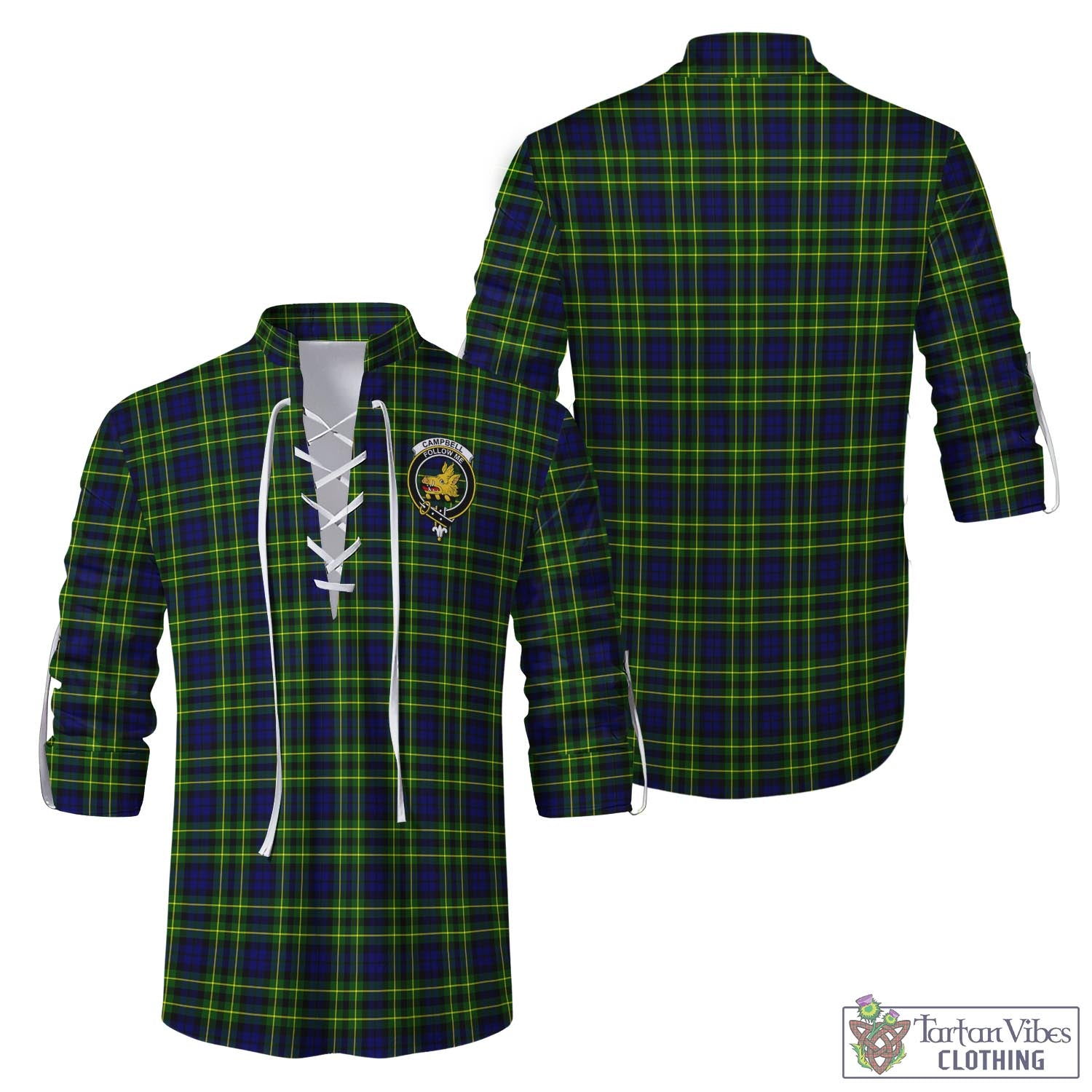 Tartan Vibes Clothing Campbell of Breadalbane Modern Tartan Men's Scottish Traditional Jacobite Ghillie Kilt Shirt with Family Crest