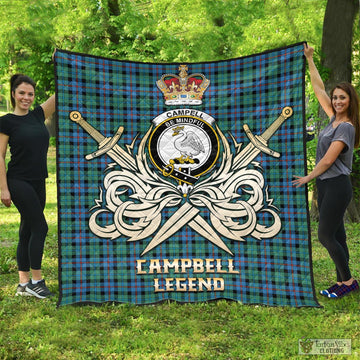 Campbell of Cawdor Ancient Tartan Quilt with Clan Crest and the Golden Sword of Courageous Legacy