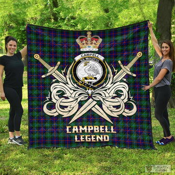 Campbell of Cawdor Modern Tartan Quilt with Clan Crest and the Golden Sword of Courageous Legacy