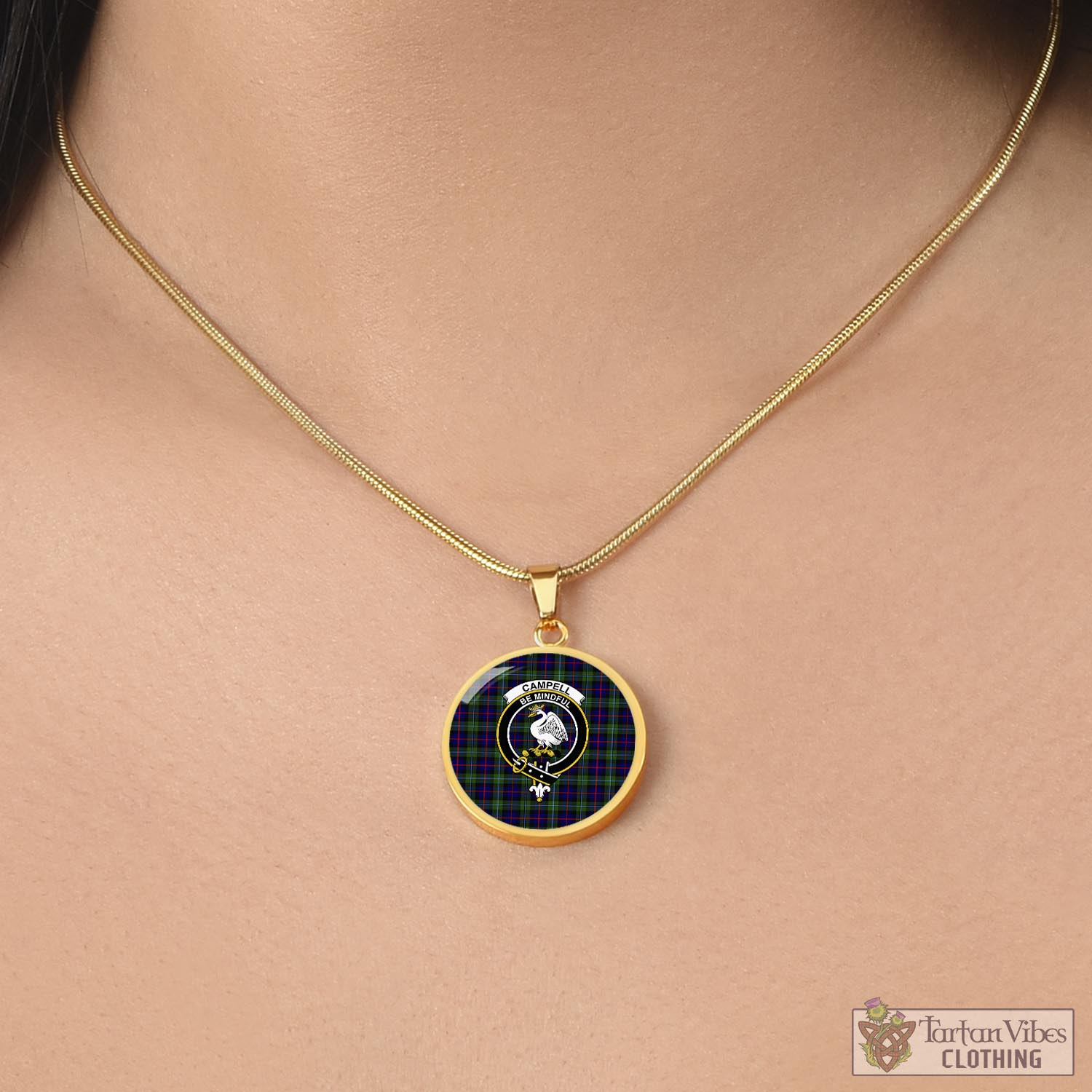 Tartan Vibes Clothing Campbell of Cawdor Modern Tartan Circle Necklace with Family Crest